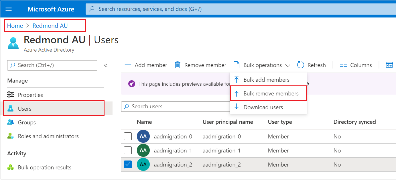 Screenshot showing the "Bulk remove members" link on the "Users" pane.