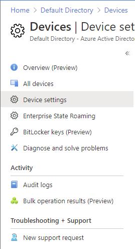 Screenshot showing Device settings page in Azure portal.