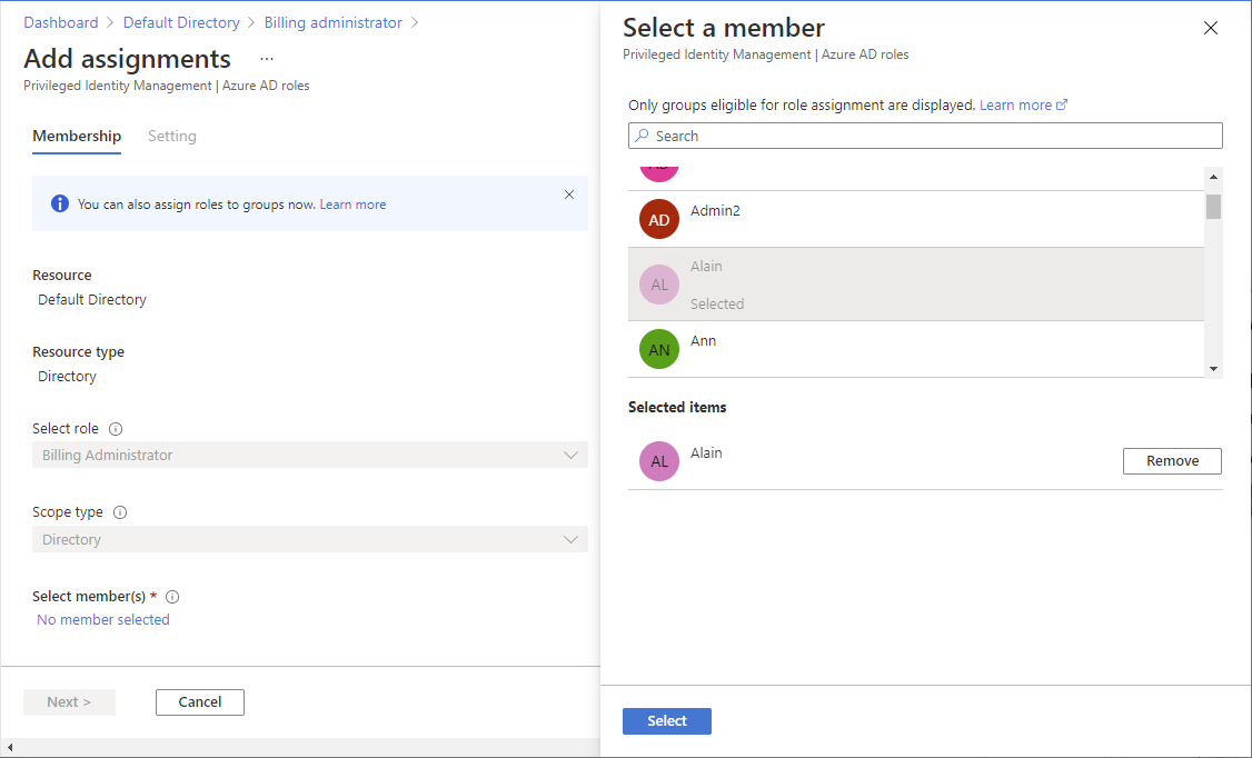 Screenshot of Add assignments page and Select a member pane with PIM enabled.