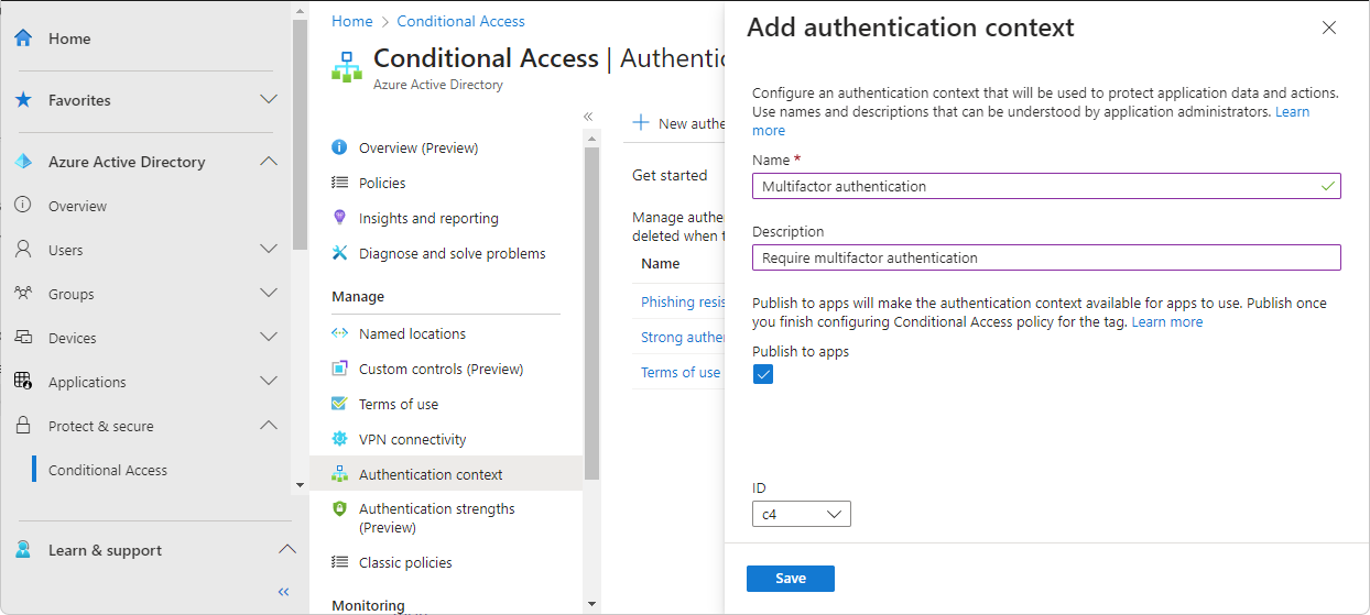 Screenshot of Add authentication context pane to add a new authentication context.