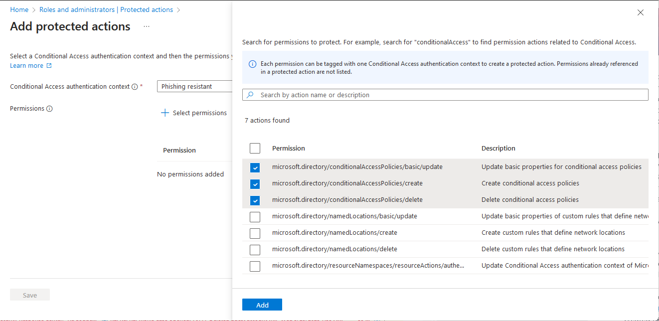Screenshot of Add protected actions page with permissions selected.