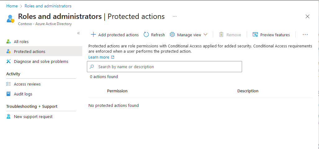 Screenshot of Add protected actions page in Roles and administrators.