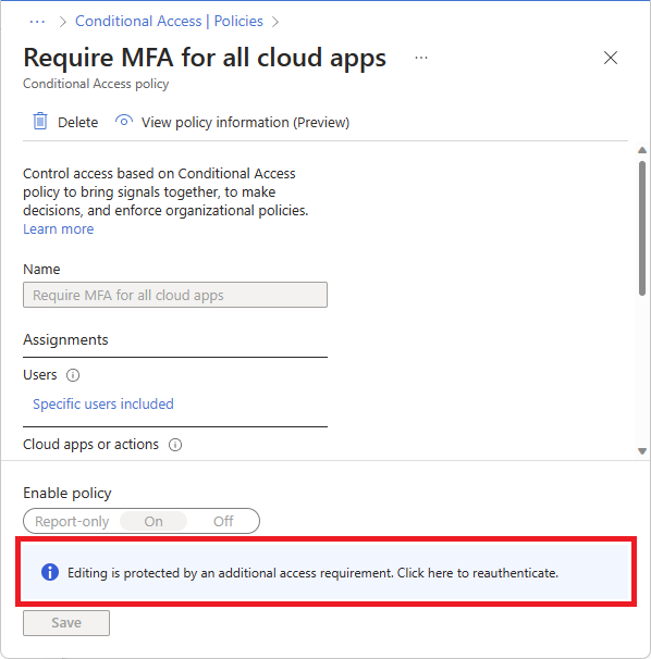Screenshot of a disabled Conditional Access policy with a note indicating to reauthenticate.