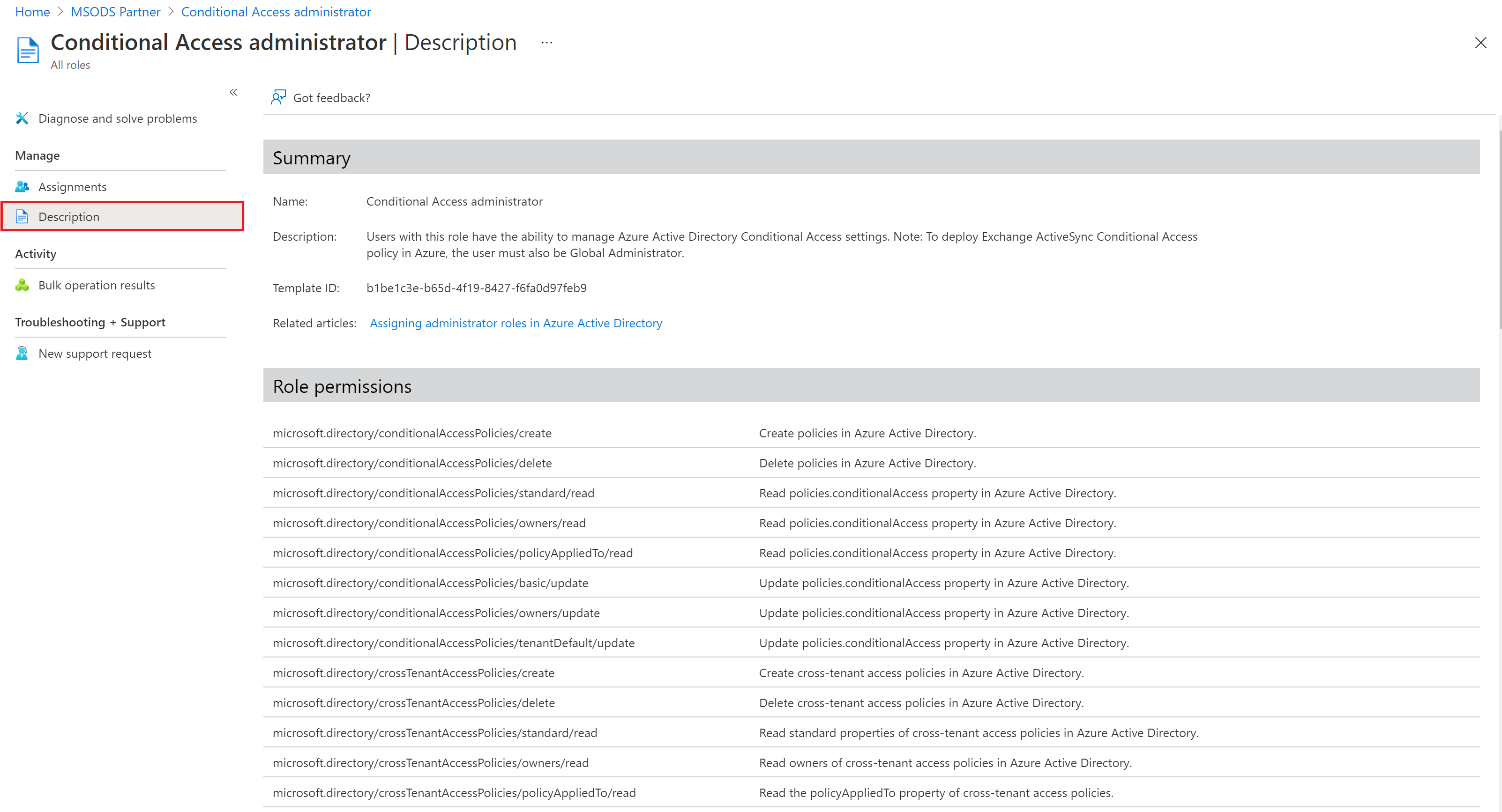 Screenshot that shows the "Global Administrator - Description" page.