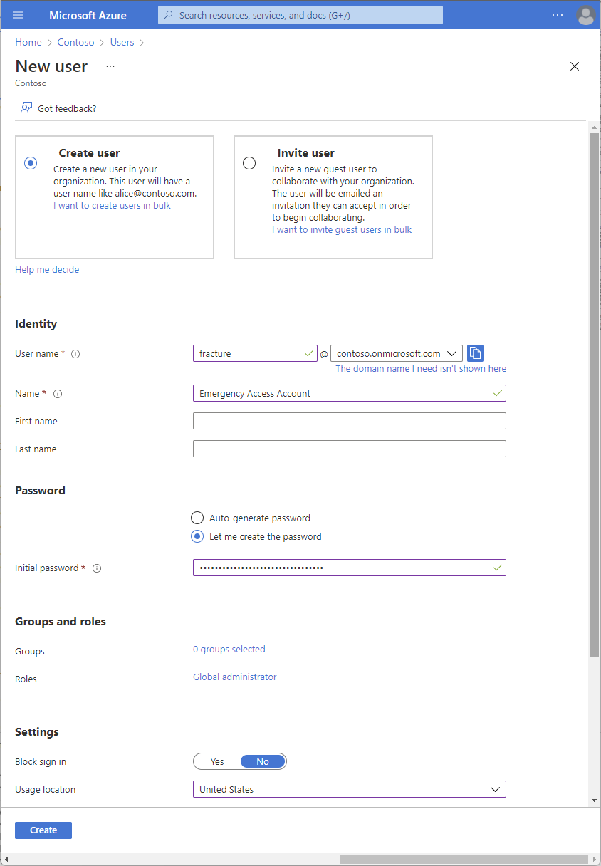 Creating an emergency access account in Microsoft Entra ID.
