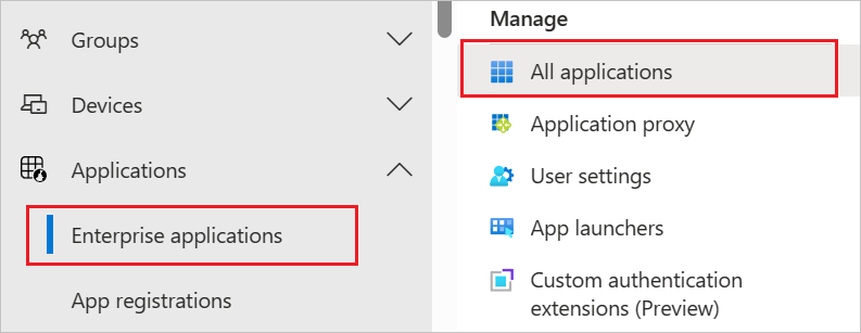 Screenshot that shows the Enterprise applications menu in the Azure portal, with All applications highlighted.