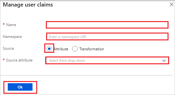 Screenshot shows Manage user claims where you can enter the values described in this step.