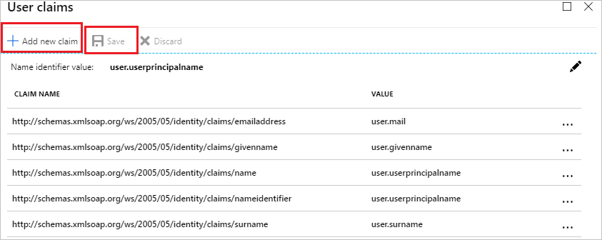 Screenshot that shows the "User claims" dialog with the "Add new claim" and "Save" actions selected.