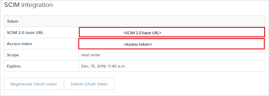 Screen shot of the S C I M integration page. In the Token table, the values next to S C I M 2.0 base U R L and Access token are highlighted.