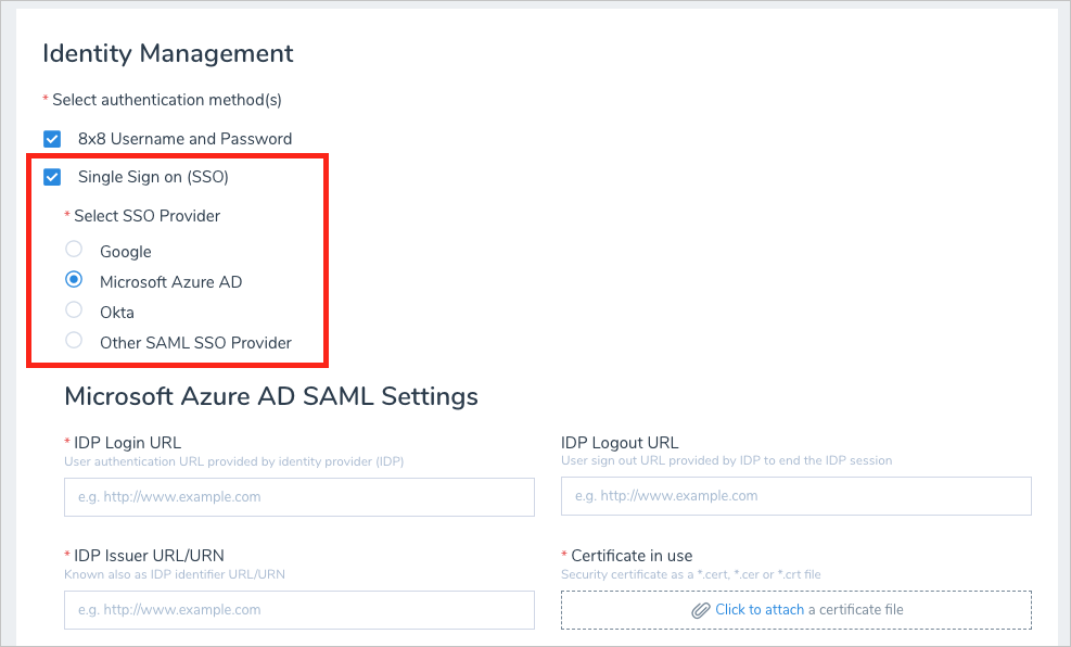 Screenshot that highlights the Single Sign on (SSO) and Microsoft Azure AD options.