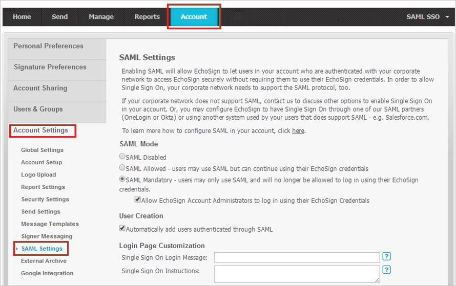 Screenshot of Adobe Sign SAML Settings page.