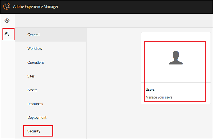 Screenshot that shows the Users tile in the Adobe Experience Manager.