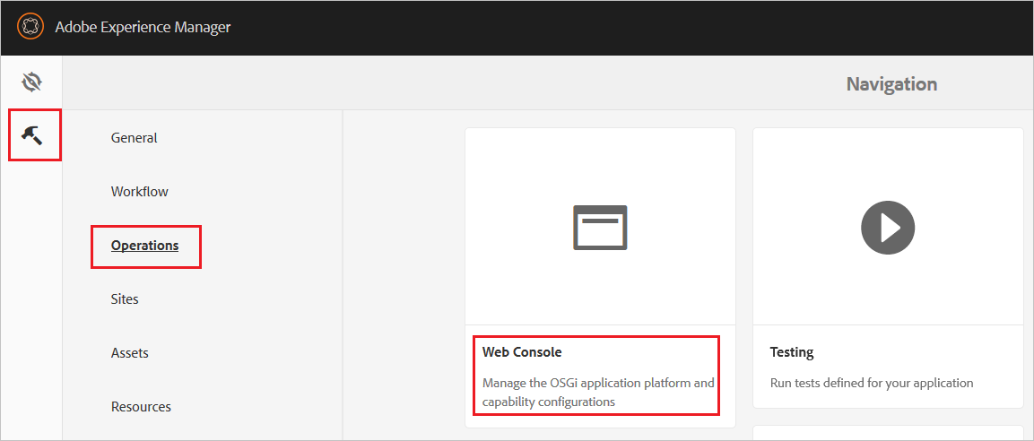 Screenshot that highlights Web Console under Operations within the Settings section.