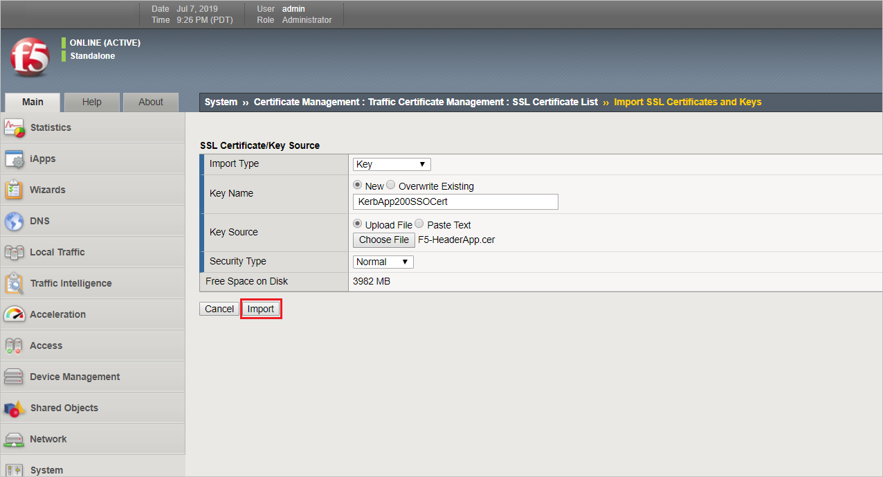 Screenshot that highlights the Import button for importing the Metadata Certificate.