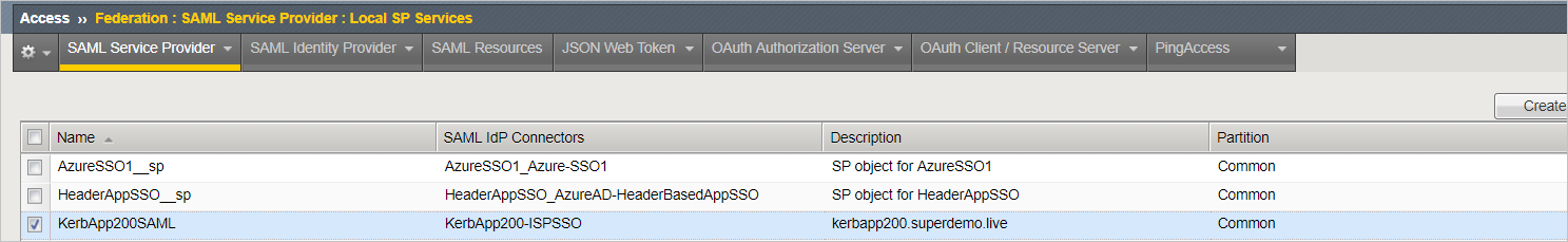Screenshot that shows the SAML Service Provider.