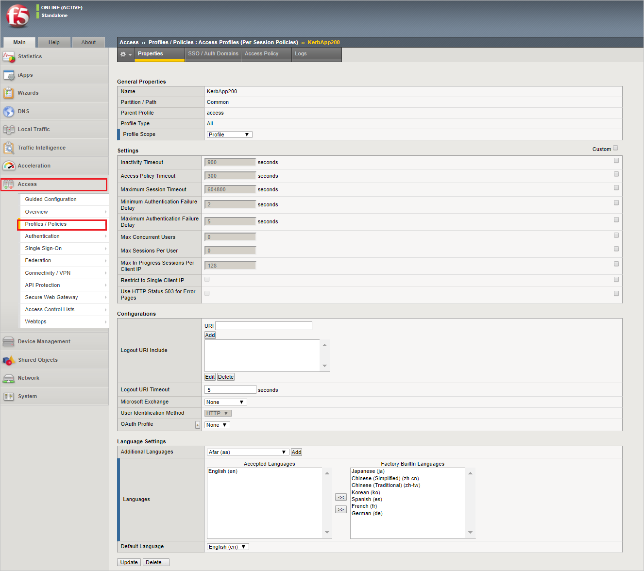 Screenshot that highlights the Properties tab under the Profiles/Policies menu option.