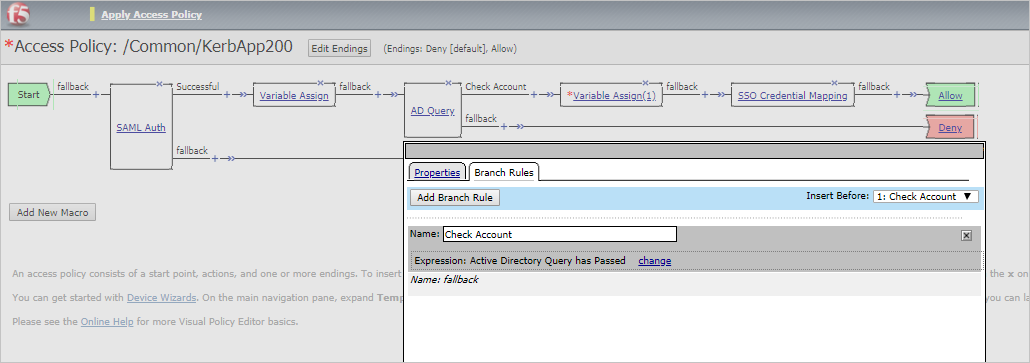 Screenshot that shows the Branch Rules tab and the Check Account rule.