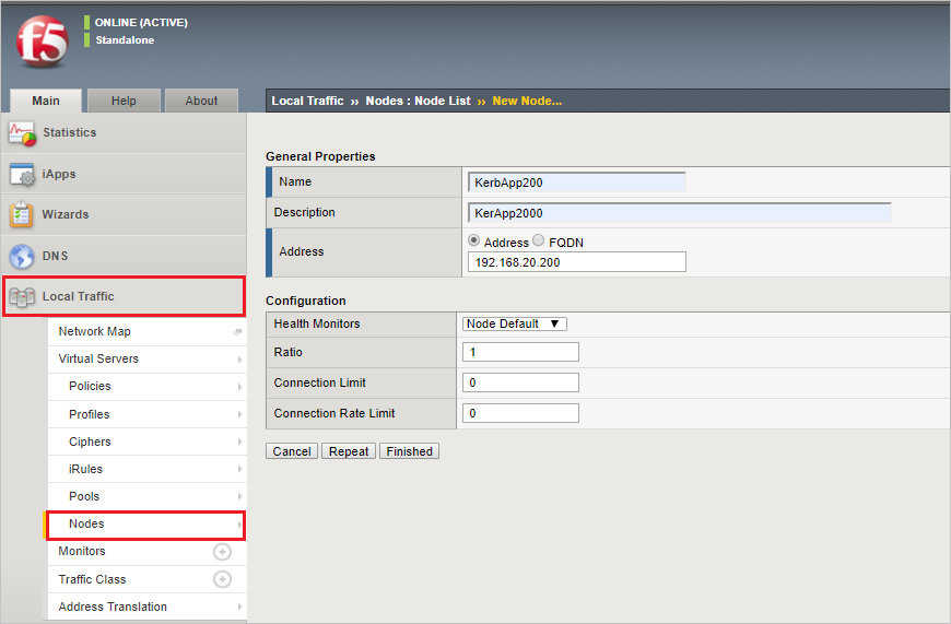 Screenshot that highlights Local Traffic > Nodes.