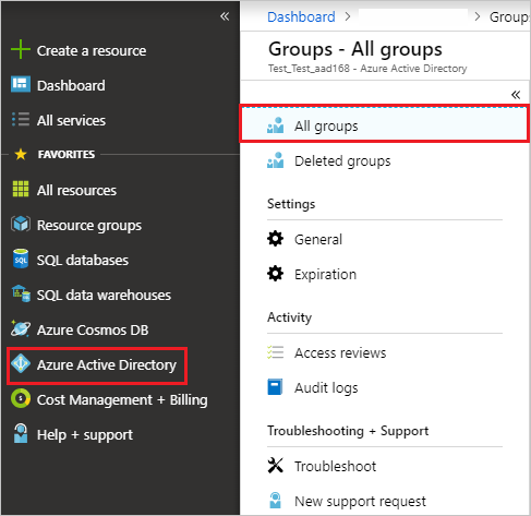 Screenshot shows the Azure portal menu with Azure Active Directory selected and All groups selected in the Groups pane.