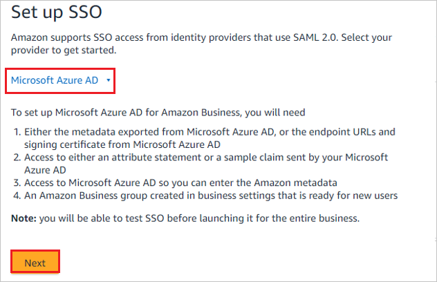 Screenshot shows Set up S S O, with Microsoft Azure A D and Next selected.