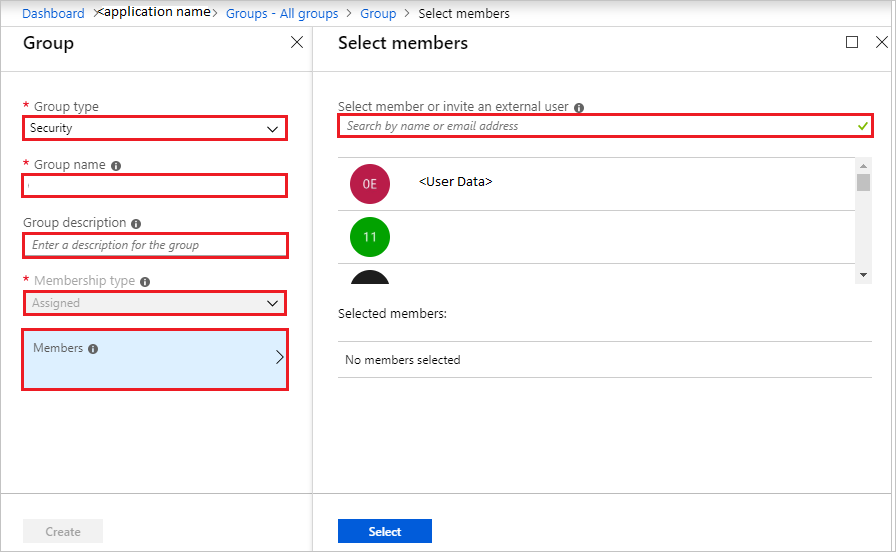 Screenshot shows the Group pane with options, including selecting members and inviting external users.
