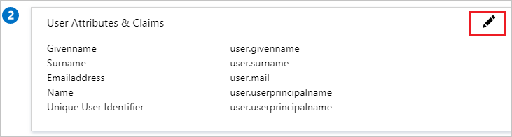 Screenshot shows User Attributes & Claims with default values such as Givenname user.givenname and Emailaddress user.mail.