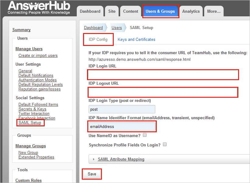 Screenshot shows AnswerHub page with the Users & Groups tab selected.