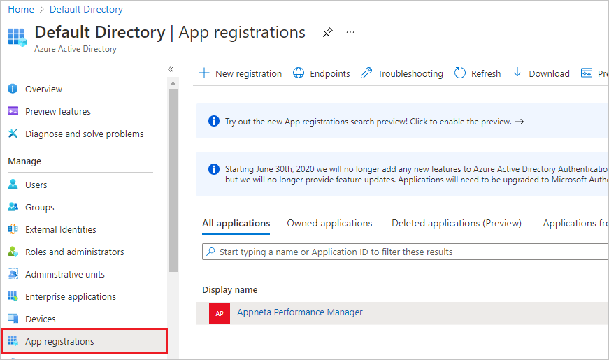 Screenshot that shows the App Registrations with Appneta Performance Manager at the bottom. 