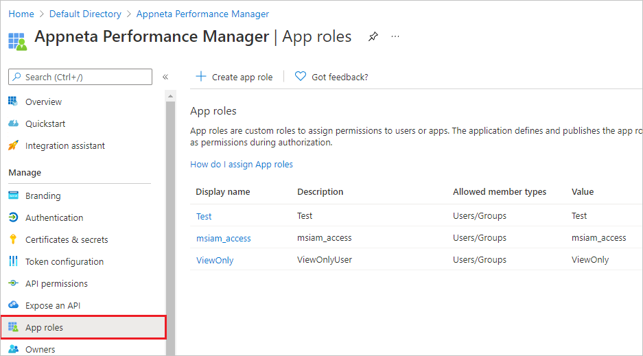 Screenshot that shows the App Roles with Appneta Performance Manager at the bottom. 
