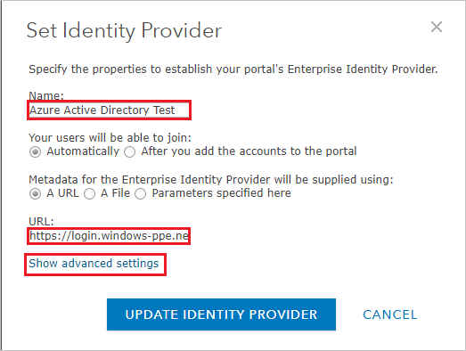 Screenshot shows Set Identity Provider where you perform the steps described here.