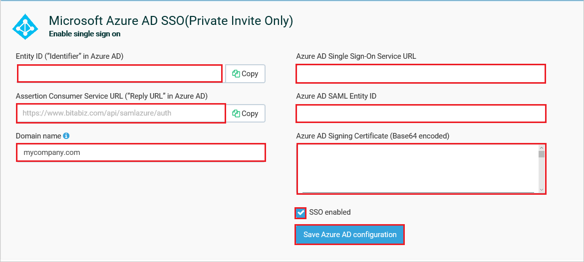 Screenshot shows the Microsoft Azure A D section where you enter the information described in this step.