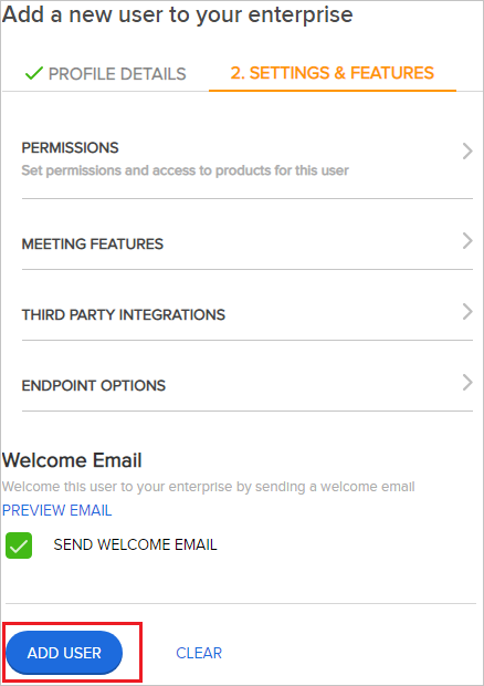 Screenshot shows the Add user section where you can view settings and features, with the Add User button selected.