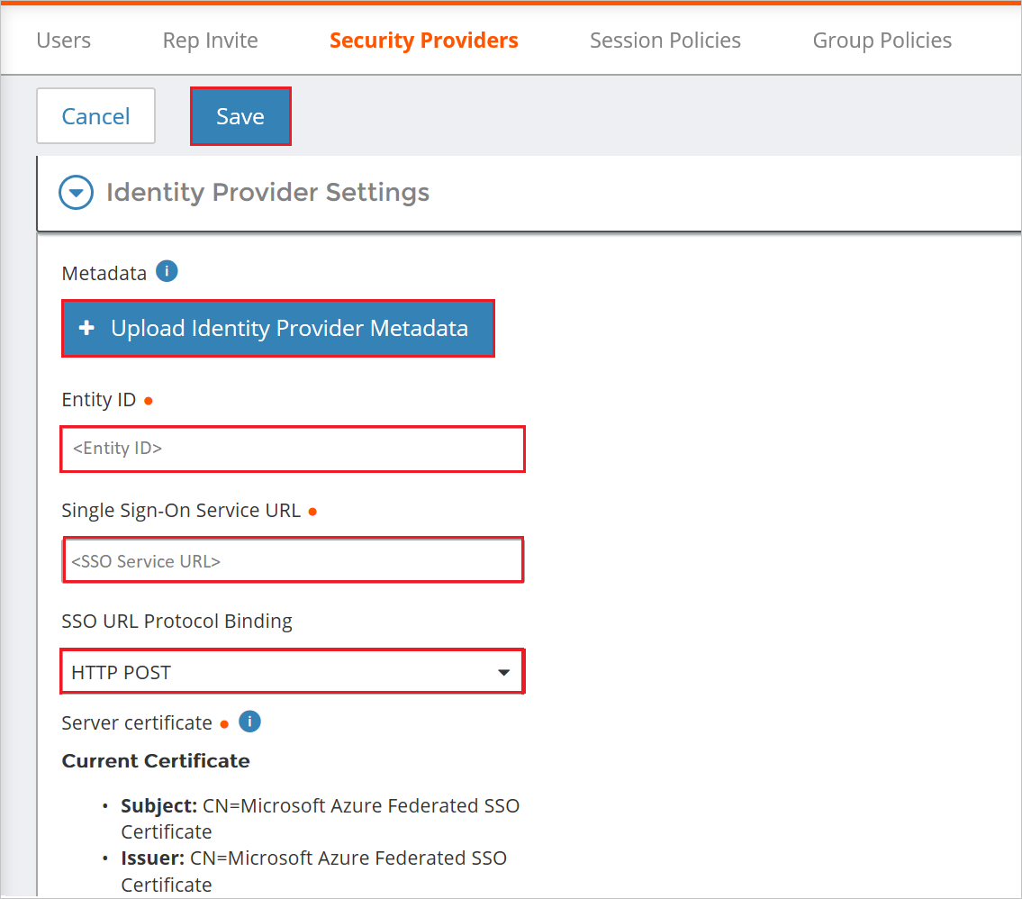 Screenshot shows the Identity Provider Settings section where you perform these actions.