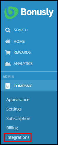 Screenshot of the Bonusly menu. Under Admin, Company is highlighted. Under Company, Integrations is highlighted.