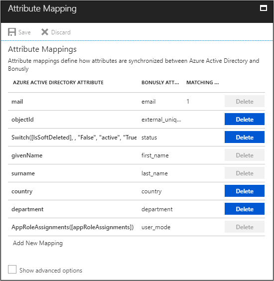 Screenshot of the Attribute Mappings page. A table lists Azure Active Directory attributes, corresponding Bonusly attributes, and the matching status.