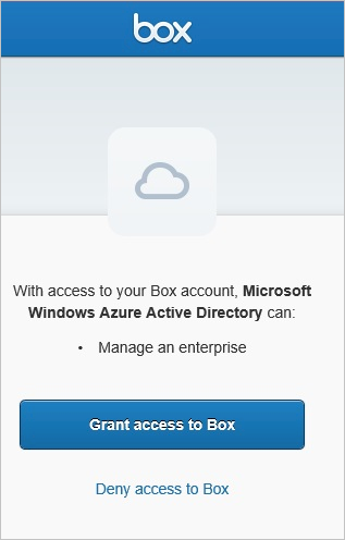Screenshot of the authorize access screen in Box, showing an explanatory message and the Grant access to Box button.