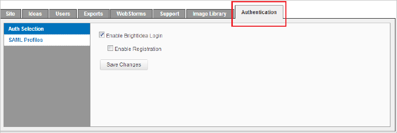 Screenshot shows the Brightidea site with the Authentication tab selected.