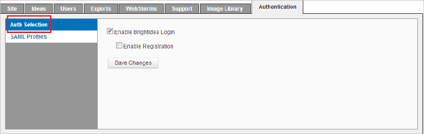 Screenshot shows the Brightidea Authentication tab with Auth Selection selected.