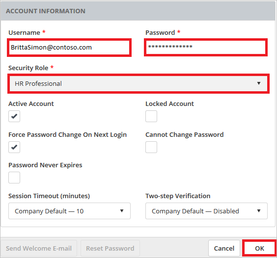 Screenshot shows ACCOUNT INFORMATION where you can enter the values described in this step.