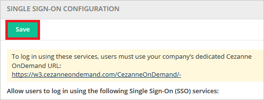 Screenshot shows the Save button for Single Sign-on Configuration.