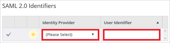 Screenshot shows the SAML 2.0 Identifiers where you can select your Identity Provider and User Identifier.