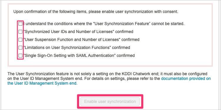 Accepting the various items and enable user synchronization button