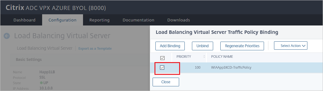 Citrix ADC SAML Connector for Azure AD configuration - Load Balancing Virtual Server Traffic Policy Binding pane