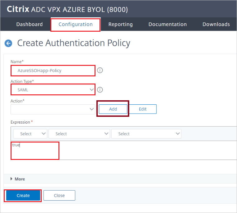 Citrix ADC SAML Connector for Azure AD configuration - Create Authentication Policy pane