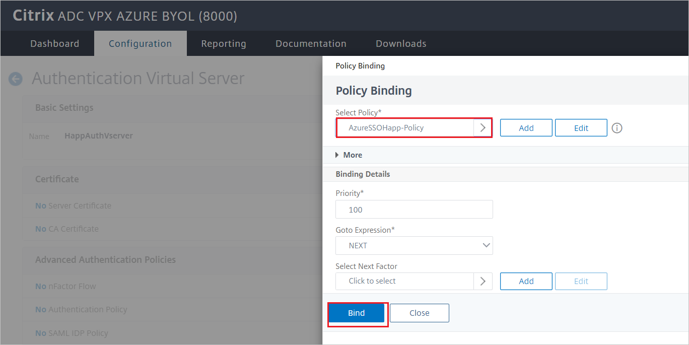 Citrix ADC SAML Connector for Microsoft Entra configuration - Policy Binding pane