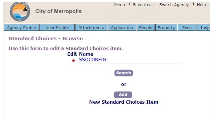 Screenshot shows Standard Choices Browse with S S O CONFIG available.