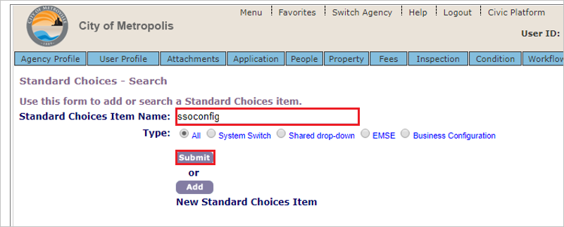 Screenshot shows Standard Choices Search with the name s s o config entered.