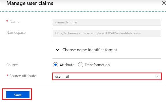 Screenshot shows the Manage user claims dialog box where you can enter the values described.