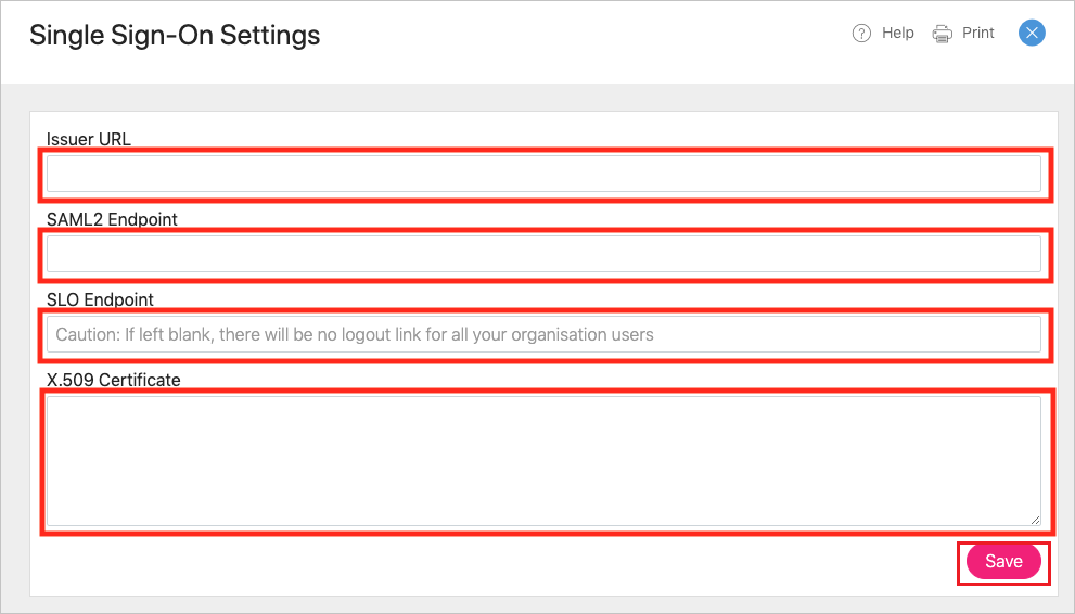 Screenshot shows the Single Sign-On Settings page where you can enter the information in this step.