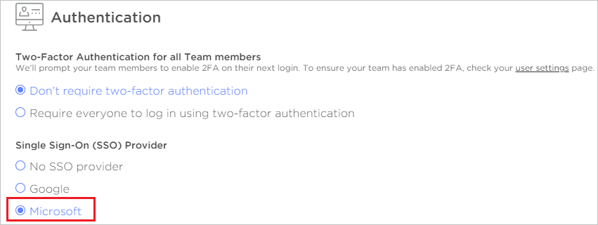 Screenshot shows the Authentication pane with Microsoft selected.